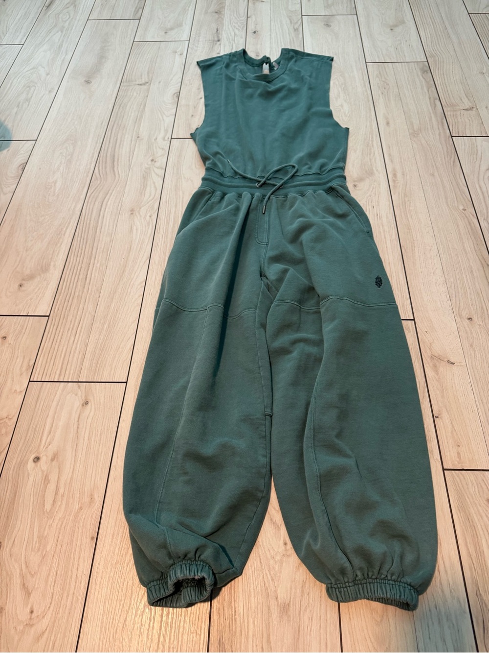 Free People Forest Green Sleeveless Sweat Jumpsuit with Drawstring Waist